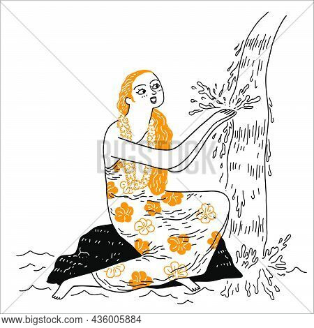Pretty Woman With Long Hair Bathe In The Waterfall, Vector Illustration Hand Drawn