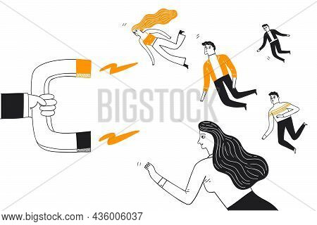 Businesses Marketing Concept, The Crowd Flew Towards A Huge Magnet Similar To Gravity. Hand Drawn Ve