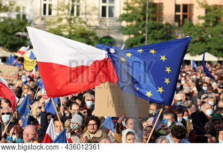 Cracow; Poland - Oct 10; 2021: We Stay; The Government Leaves! People Protest Against The Verdict Of