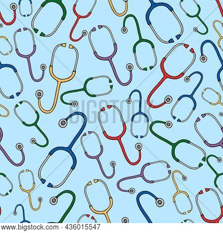 Stethoscope. Medical Diagnostic Device. Seamless Vector Pattern. Isolated Blue Background. Repeating