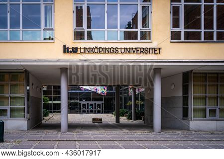Norrkoping, Sweden - July 27, 2021: Front Facade View Of Linkoping University Campus, Old Yellow Bui