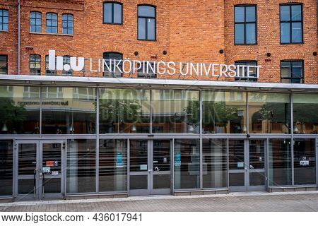 Norrkoping, Sweden - July 27, 2021: Front Facade View Of Linkoping University Campus, Red Brick Buil