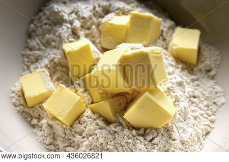 Baking Pastry Concept - Mixing Dough From Butter And Flour. Cooking A Desset, Pie, Cookies