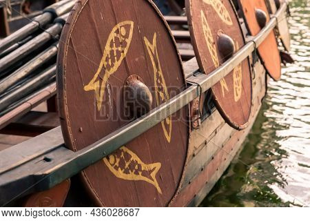 Drakkar Viking Boat. Longship Board Close-up With Battle Shields
