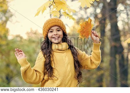 Feeling Great. Girl In Yellow Knitted Sweater And Hat. Kid Enjoy Nature In Autumn Park. Fall Is A Ti