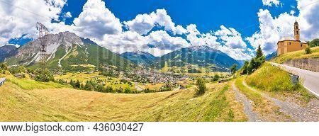 Town Of Bormio In Dolomites Alps Panoramic Landscape View, Province Of Sondrio, Lombardy, Italy