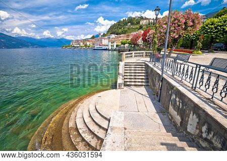 Town Of Belaggio Lungolago Europa Lakefront Walkway View, Como Lake, Lombardy Region Of Italy
