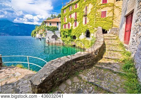 Town Of Nesso Historic Stone Bridge And Scenic Lakefront View, Como Lake, Lombardy Region Of Italy