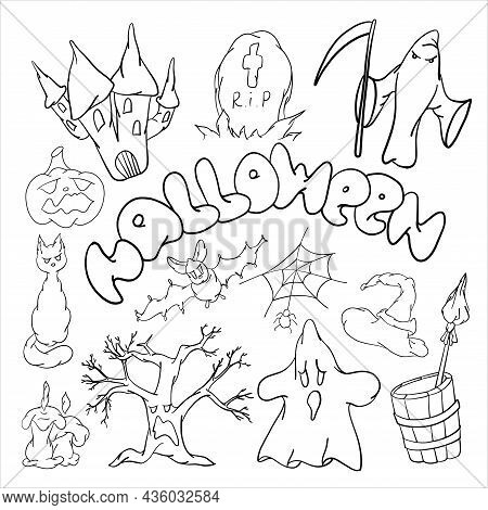 Set Of Different Halloween Silhouettes On A White Background. Vector Illustration