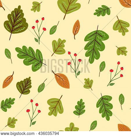 Seamless Vector Pattern In Autumn Colors With Mushrooms, Leaves, Etc. Wallpaper, Scrapbooking, Texti