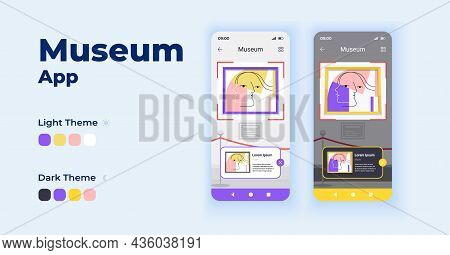 Museum Cartoon Smartphone Interface Vector Templates Set. Mobile App Screen Page Day And Dark Mode D