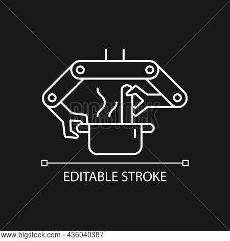 Cooking Robots White Linear Icon For Dark Theme. Robotic Kitchen. Automatic Restaurant Meals Making.