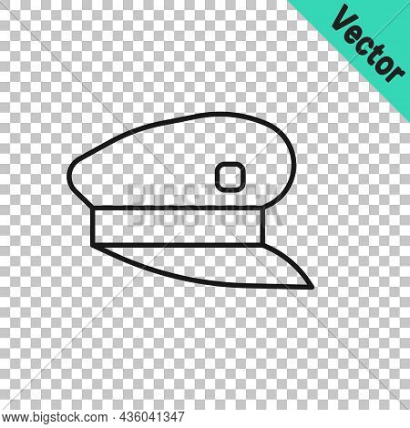 Black Line Train Driver Hat Icon Isolated On Transparent Background. Vector