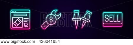 Set Line Online Shopping On Screen, Repair Price, Push And Sell Button. Glowing Neon Icon. Vector