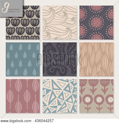 Set Of Nine Hand Drawn Seamless Abstract Patterns In Amasing Color Palette.