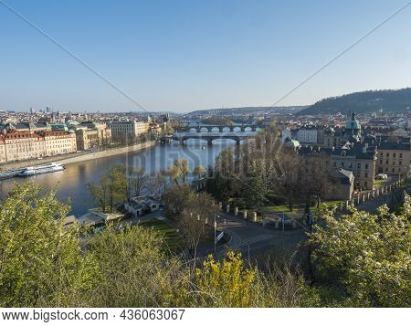 Scenic Aerial View Of Prague Old Town Architecture And Charles Bridge Over Vltava River Seen From Le