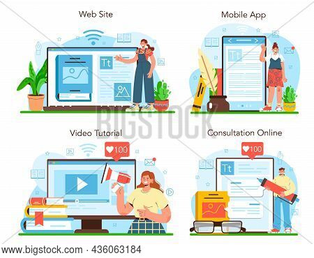 Publisher Online Service Or Platform Set. Editor Working On Book