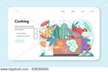 Fresh Salad Web Banner Or Landing Page. Peopple Cooking Organic