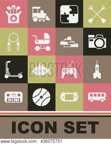 Set Bus Toy, Dart Arrow, Photo Camera, Puzzle Pieces, Baby Stroller, Jump Rope, Jack In The Box And 