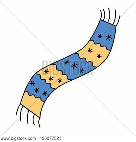 Knit Warm Scarf With Snowflakes, Stripes Black And White Vector In Colored Cartoon Doodle Style. Sea