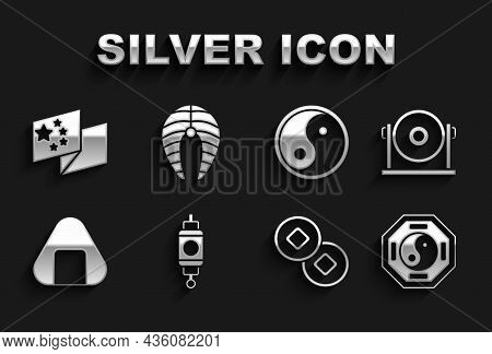 Set Chinese Paper Lantern, Gong, Yin Yang, Yuan Currency, Sushi, China Flag And Fish Steak Icon. Vec
