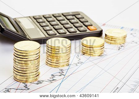 กอง downtrend เหรียญ เครื่องคิดเลขบนแผนภูมิทางการเงิน โฟกัสที่เลือก