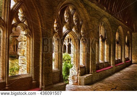 Cloister With Door And Windows Decorated In Gothic Style On An Old Building Of Cambridge. A Peaceful