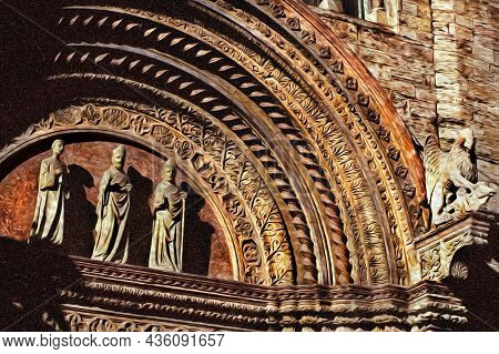 Statues Illustrating Theological Themes On The Main Entrance Of A Church In Perugia. A City Famous F