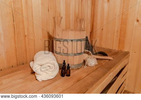 Traditional Old Russian Bathhouse Spa Concept. Interior Details Finnish Sauna Steam Room With Tradit