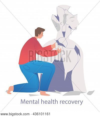 Restoring Mental Health. Man Collect His Plaster Sculpture Piece By Piece. Metaphor For Treatment Of