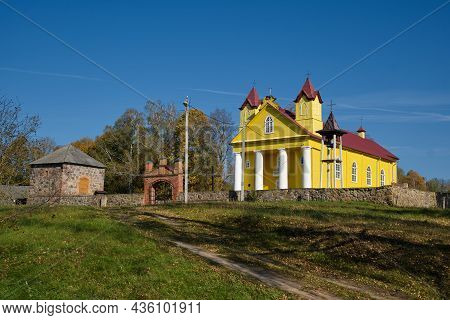 Old Antique Wooden Holy Trinity Church In Daniushevo, Grodno Region, Belarus.