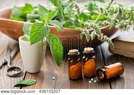 Bottles Of Homeopathy Granules. Homeopathic Remedies. Mentha Piperita Remedy. Mint Leaves, Peppermin