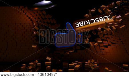 3d Thumbs Up Sign On Black Background. Design. Thumbs-up Sign Collapses Wall On Black Background. Li