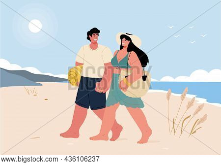 Romantic Trip For A Couple In Love, Walking Along The Beach And Holding Hands.couple On Vacation.