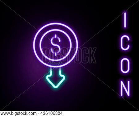 Glowing Neon Line Dollar Rate Decrease Icon Isolated On Black Background. Cost Reduction. Money Symb