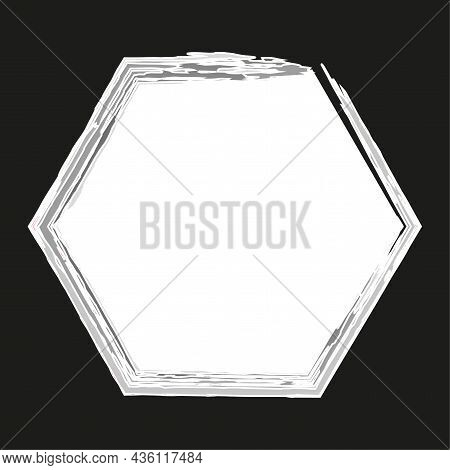 White Grunge Hexagon Icon. Black Background. Watercolor Effect. Geometric Figure. Vector Illustratio