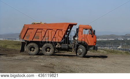 Ust-kamenogorsk, Kz - August 26, 2021. Dump Truck Kamaz On The Parking. Russian Truck.