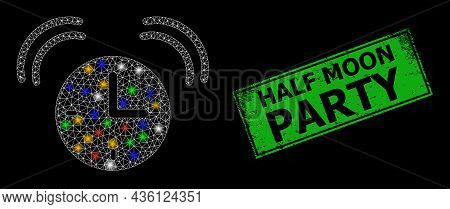 Flare Mesh Net Alarm Clock With Multicolored Light Dots, And Grunge Half Moon Party Stamp. Green Sta