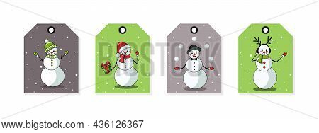 Hand-drawn Colorful Set Of Doodle Postcards With Snowmen. Festive Winter Cards With A Snowman In A L