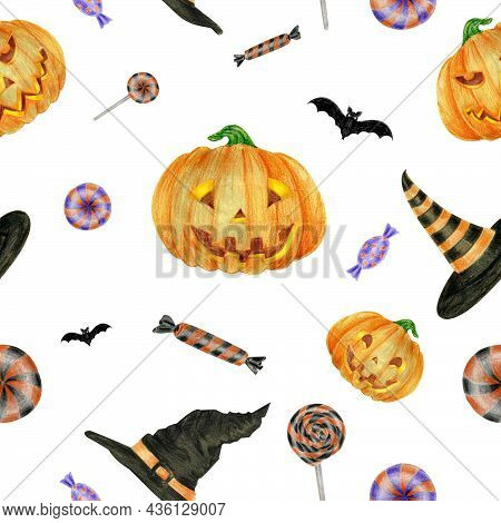 Halloween Seamless Pattern With A Bat And A On A White Background.