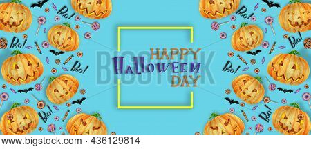 Halloween Poster With Halloween Candy And Halloween Pumpkin Orange. Lettering Happy Halloween Day