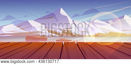 Mountains Pond Or Lake Nature Landscape, Scenery View From Wooden Pier. Tranquil Background White Sn