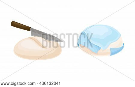 Baking Bread Process Set. Dough Rested Under Overlay And Unbaked Bread Vector Illustration
