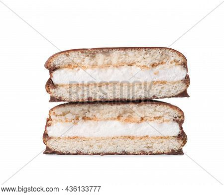 Halves Of Delicious Choco Pie Isolated On White