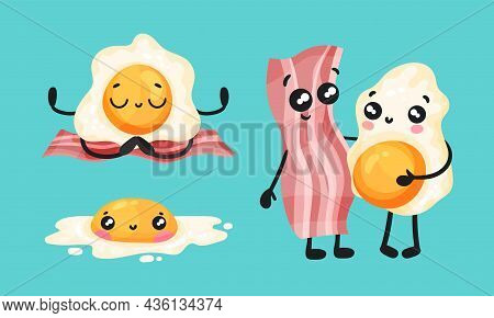 Best Friends, Ham And Fried Egg Funny Breakfast Haracters Set Vector Illustration