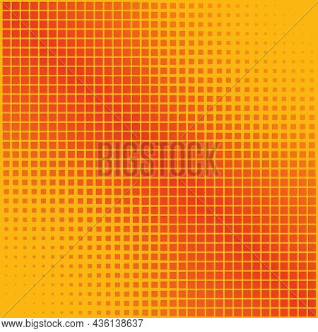 Red Dot Gain On Orange Background - Retro Illustration With Squared Halftone Pattern, Vector