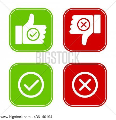 Thumb up down hand with check mark icon set. Do and not do symbols.