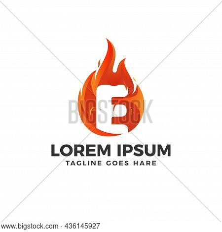 E Letter Logo Vector With Fire Illustration