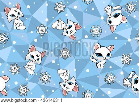Seamless Baby Pattern With Arctic Fox On Blue Polygonal Background - Wintry Repetitive Print Texture