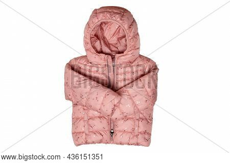 Childrens Winter Jacket. Stylish Pink Warm Winter Down Jacket For Kids Isolated On A White Backgroun